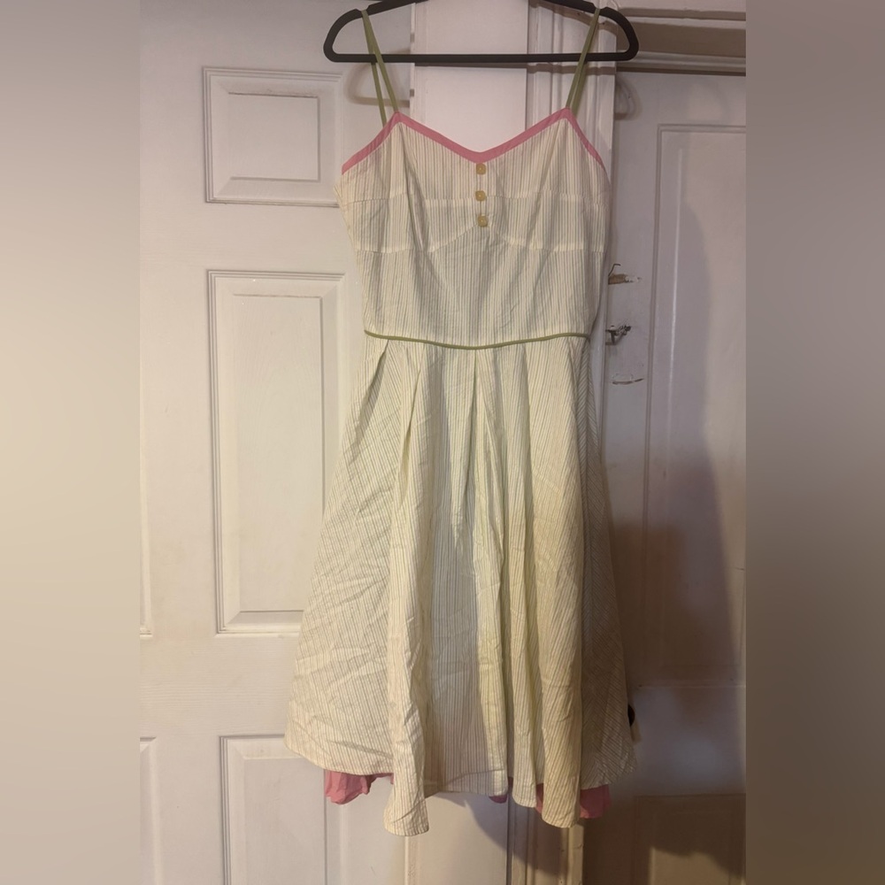 EC Star vintage 90s seersucker cream pink sun dress rockabilly swing pretty L
